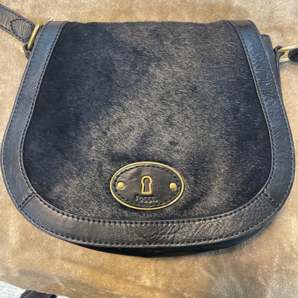 Fossil Black Calf Hair & Leather Crossbody Saddle Bag Great Condition